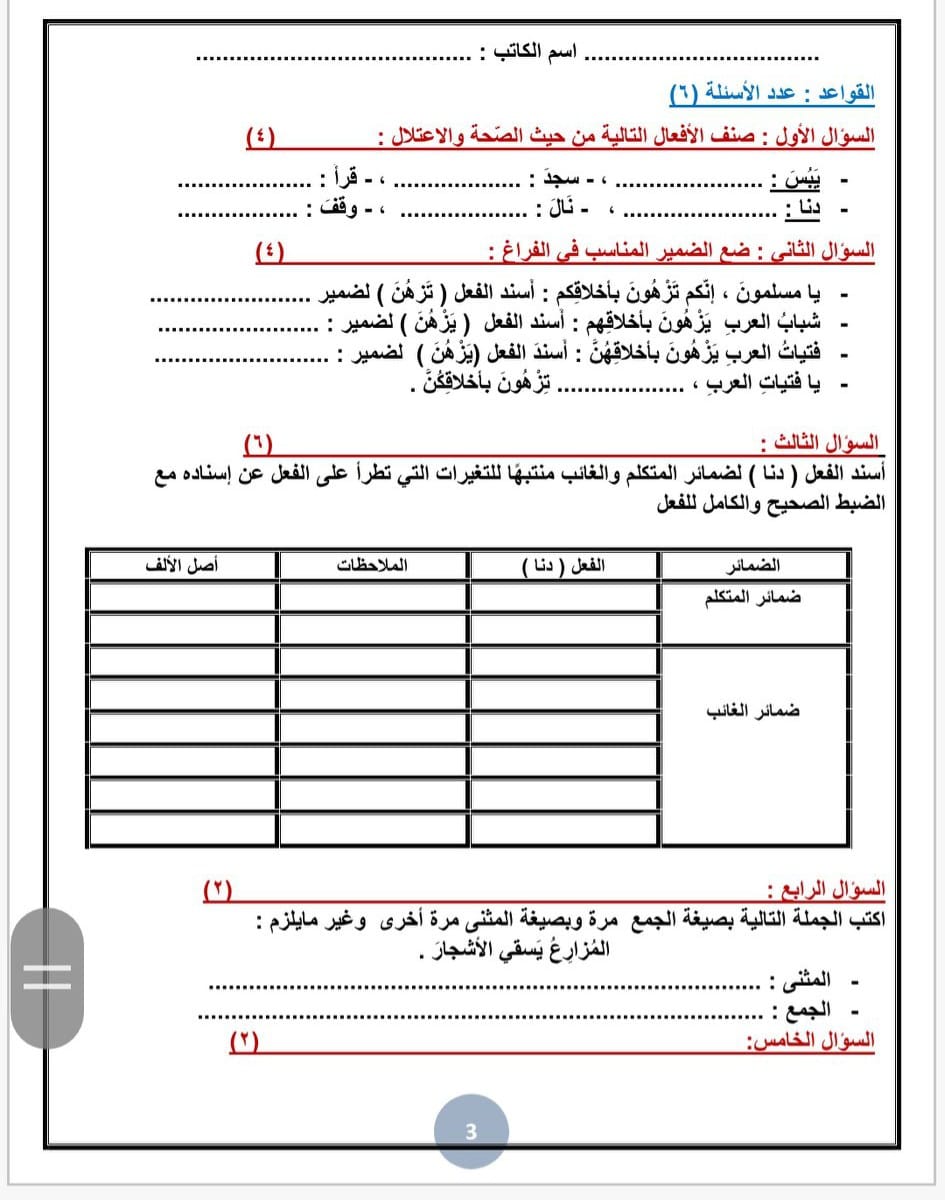 بالصور امتحان شهر اول لغة عربية للصف التاسع الفصل الاول 2022